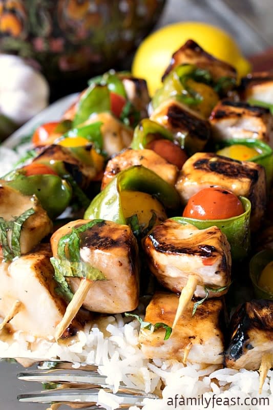 <p>A Family Feast</p><p>These lemon glazed swordfish skewers are perfect for a light and tasty meal.</p><p><strong>Get the recipe: <a href="https://www.afamilyfeast.com/lemon-glazed-swordfish-skewers-rice/" rel="nofollow noopener" target="_blank" data-ylk="slk:Lemon Glazed Swordfish Skewers Over Rice;elm:context_link;itc:0;sec:content-canvas" class="link rapid-noclick-resp">Lemon Glazed Swordfish Skewers Over Rice</a></strong></p>