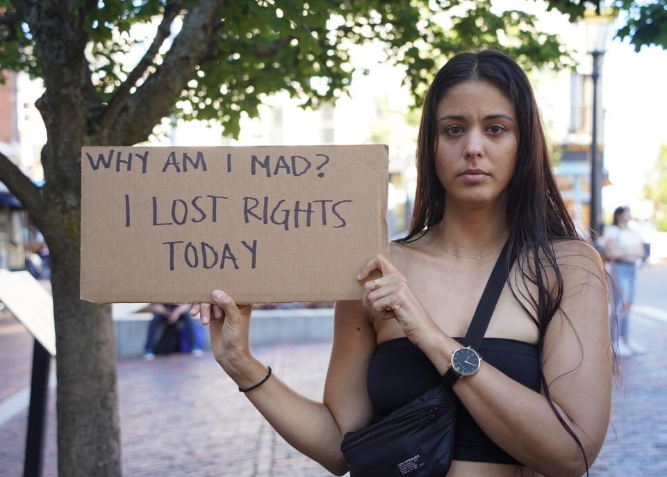 Alexandra Bendriss of Portsmouth makes her feelings known during the "Bans Off Our Bodies" rally in Market Square in Portsmouth Friday, June 24, 2022.