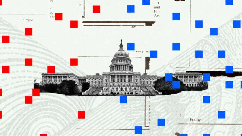 The U.S. Capitol is seen surrounded by red and blue squares for the Republican and Democratic Party