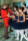 <p>Princess Diana shares a smile with a young dancer while visiting the London headquarters of the English National Ballet in December of 1995.</p>