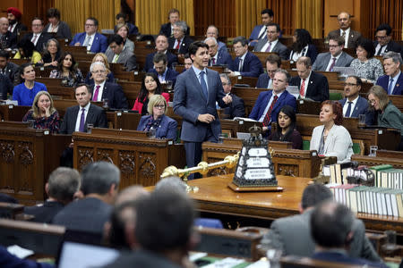 Canada's Prime Minister Justin Trudeau speaks during Question Period in the House of Commons on Parliament Hill in Ottawa, Ontario, Canada, April 3, 2019. REUTERS/Chris Wattie