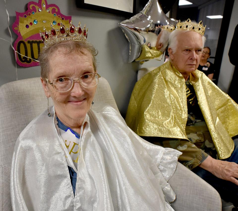 Queen and king of the first prom at Mable Kehres apartment in Monroe – Janie Groven, 70, Class of 1972 from Dumus High School in Texas, and Bob Beadles, 75, Class of 1967 from Monroe Catholic Central – acknowledge how proud they were to be the first ones chosen as king and queen.