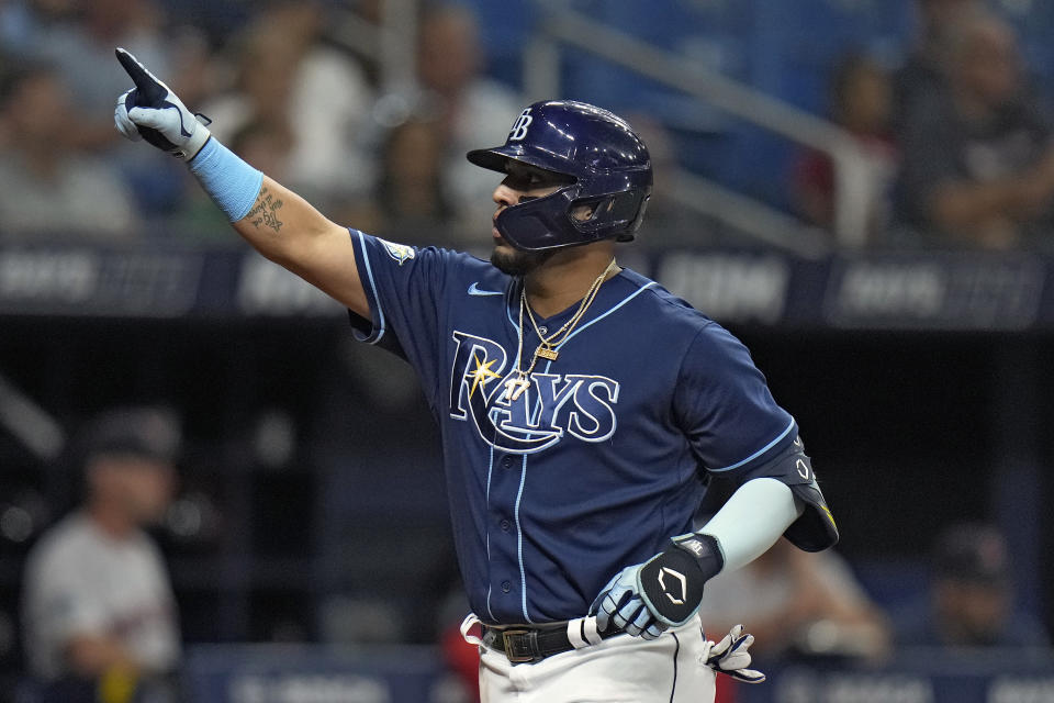 Tampa Bay Rays' Isaac Paredes celebrates his solo home run off Boston Red Sox's Nick Pivetta during the fourth inning of a baseball game Wednesday, Sept. 6, 2023, in St. Petersburg, Fla. (AP Photo/Chris O'Meara)