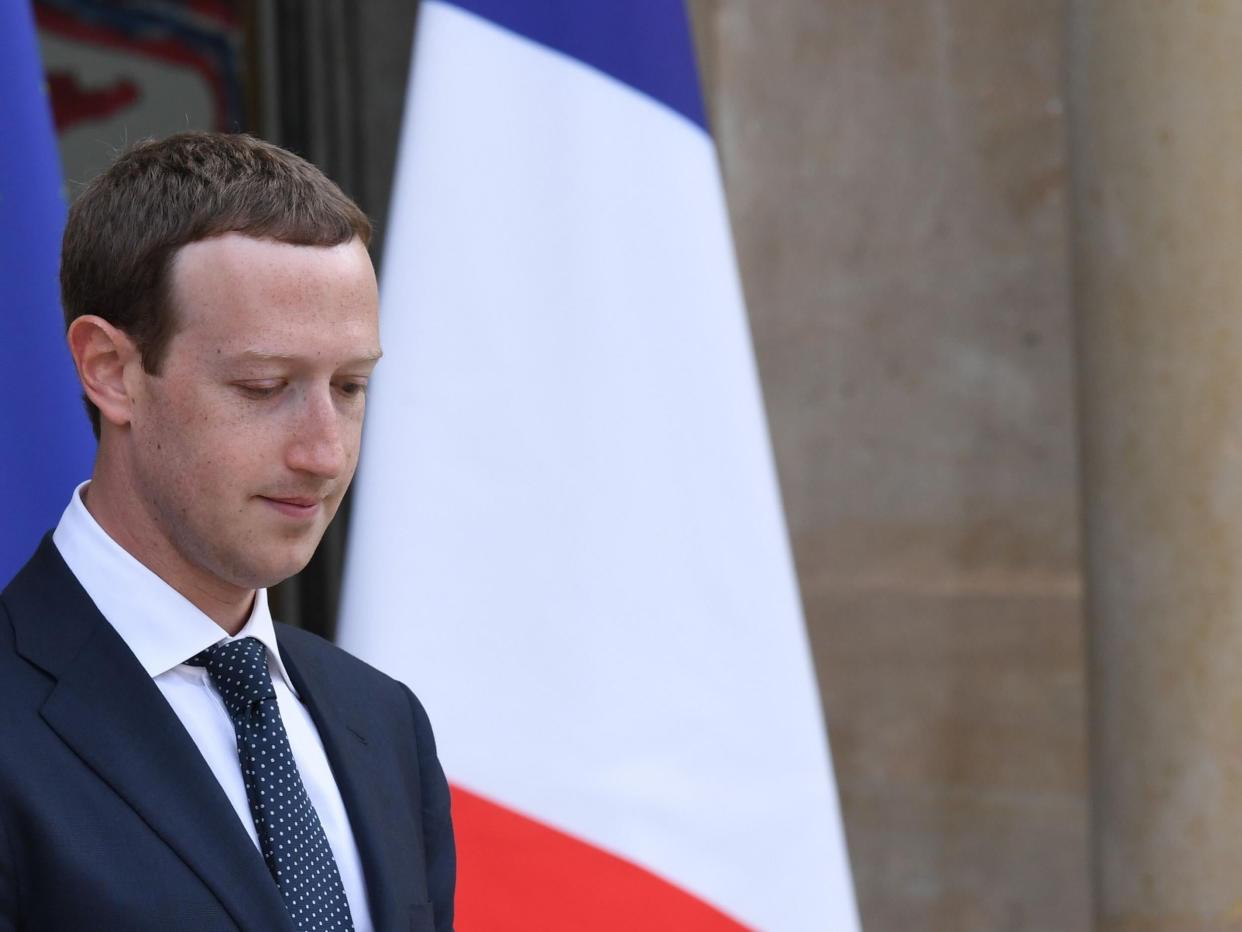 Facebook CEO Mark Zuckerberg at the Elysee presidential palace, in Paris, on 23 May, 2018 following a meeting with French President on the day of the Tech for Good summit: AFP via Getty Images