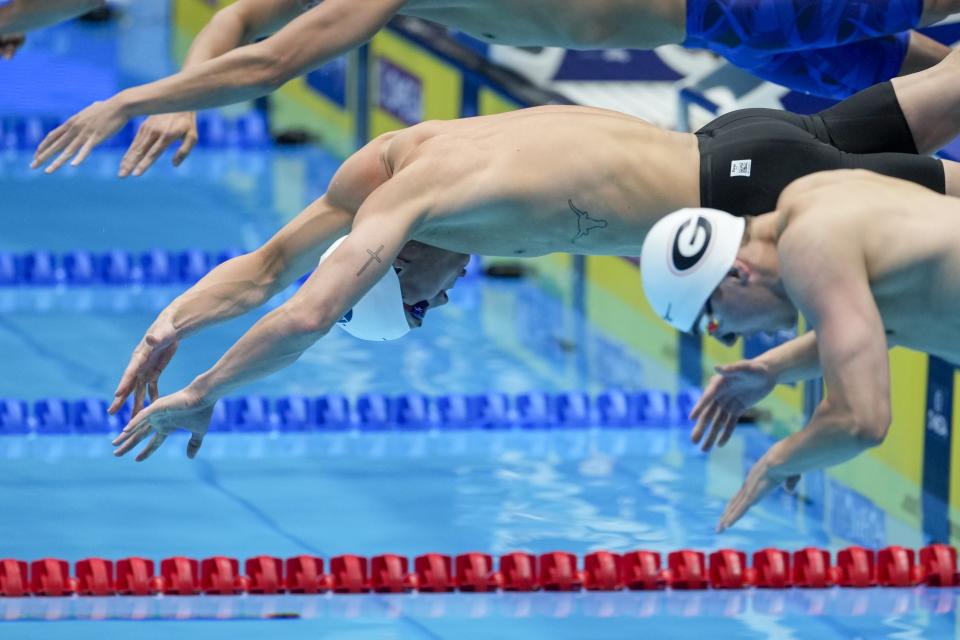 Carson Foster swims during the Men's 400 individual medley preliminary heat Sunday, June 16, 2024, at the US Swimming Olympic Trials in Indianapolis. (AP Photo/Darron Cummings)