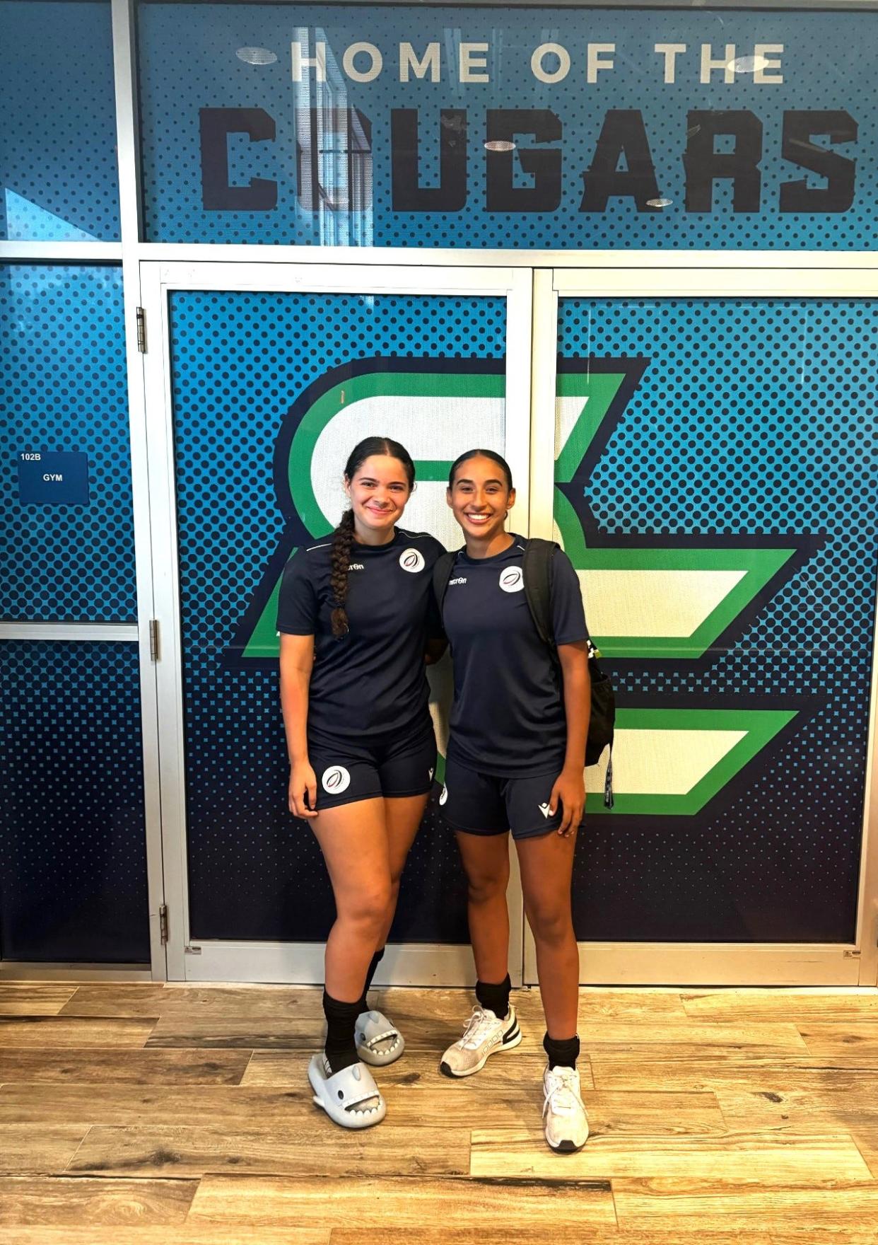 Palm Beach Gardens' Jaimaris Diaz (left) and Somerset Canyons' Natalie Bruno (right) pose for a photo after performing for the Dominican Republic U17 team in a local match-up against Next Level Recruits on April 26, 2024.