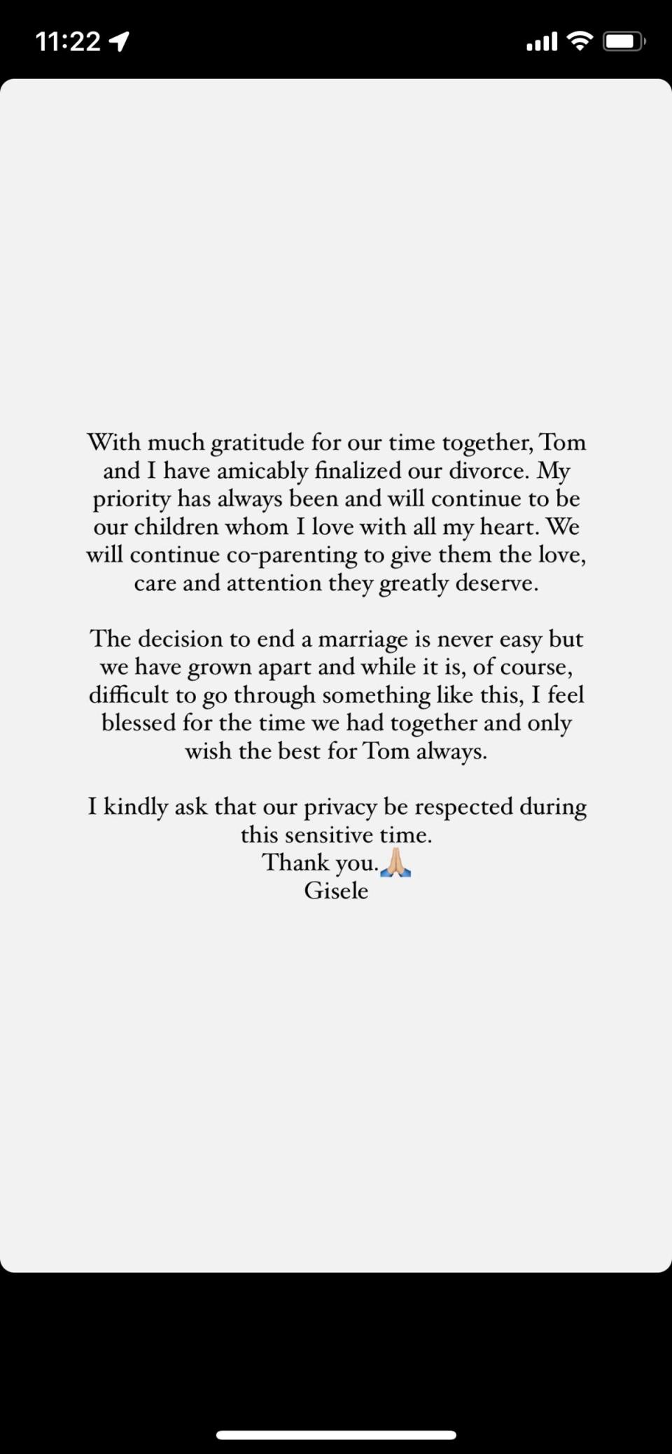 Gisele Bündchen shares news of divorce from Tom Brady on Instagram (Instagram)