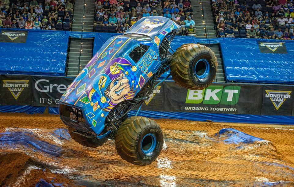 Jester goes airborne during Monster Jam at the Pensacola Bay Center Saturday, July 24. 2021.
