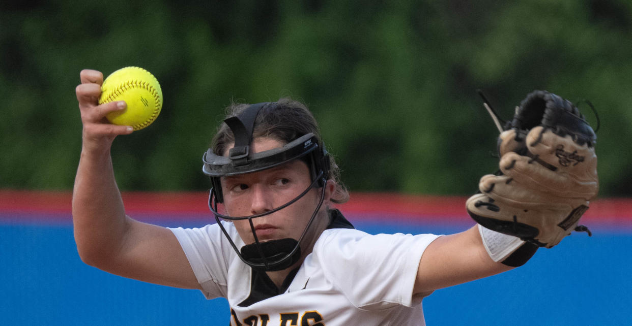 Avon Orioles Emma Stopperich (22) pitches during the IHSAA class 4A regional championship on Tuesday, May 30, 2023, at Roncalli High School in Indianapolis.