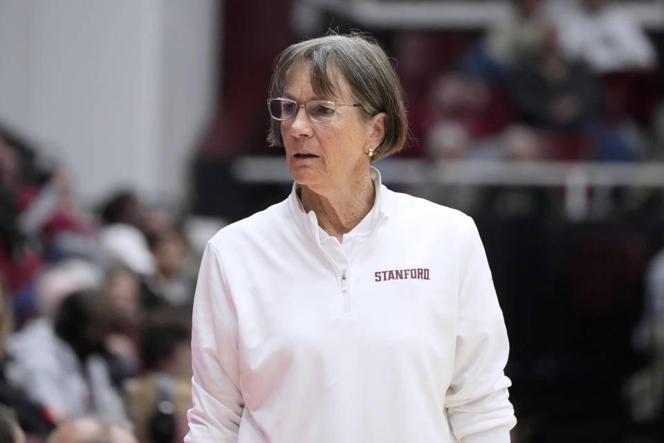 Stanford coach Tara VanDerveer walks the sideline during the second half of the team's NCAA college basketball game against Oregon on Friday, Jan. 19, 2024, in Stanford, Calif. VanDerveer tied former Duke men's basketball coach Mike Krzyzewski for the most wins in college basketball history. (AP Photo/Tony Avelar)