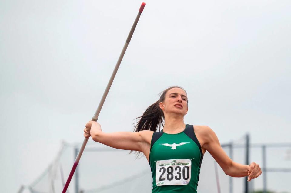 Tumwater’s Natalie Sumrok winds up to throw the javelin during the 2A javelin competition at the State 2A, 3A, 4A track and field championships on Thursday, May 26, 2022, at Mount Tahoma High School in Tacoma Wash. Sumrok won with a throw of 126 feet, 2 inches.