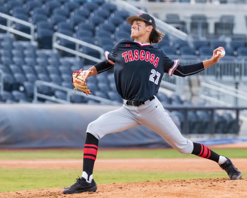 Tascosa High pitcher Javen Patrick (27) thows a curveball iduring a District 3-5A game Tuesday, April 27, 2021, against Amarillo High at HODGETOWN Stadium in Amarillo, Texas.