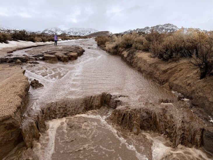 A flooded road in the plains with snowy mountains in the background.