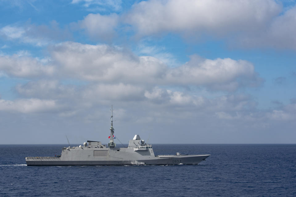 This photo provided by the French Navy shows the frigate Languedoc in the Strait of Hormuz, between the Persian Gulf and the Gulf of Oman, Friday, May 28, 2021. France said Sunday, Dec. 10, 2023, that one of its warships in the Red Sea was targeted by drones coming from Yemen. Both were intercepted and shot down. (Marine Nationale via AP)