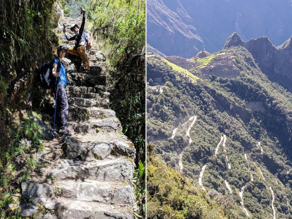 The author hiking the Inca trail (L) and The Sun Gate (R),  Marci Vaughn Kolt 9 mistakes tourists make when visiting Machu Picchu