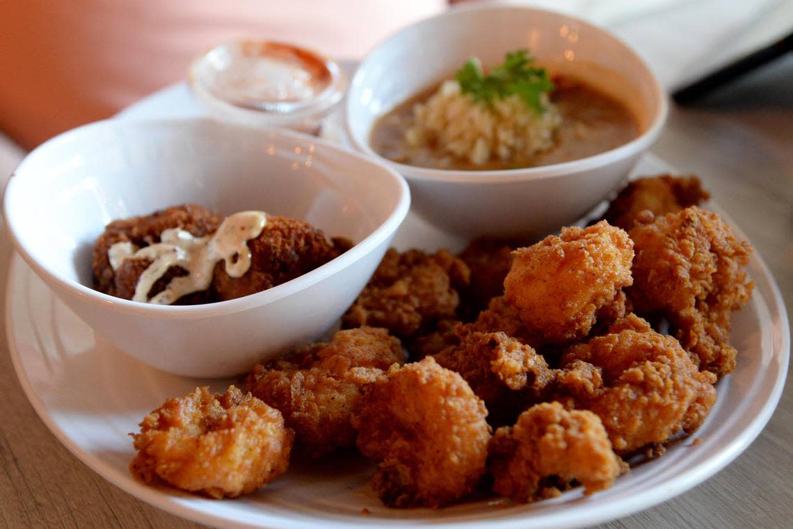 Fried shrimp platter with gumbo and jambalaya hush puppies at Kudzu Seafood Company.