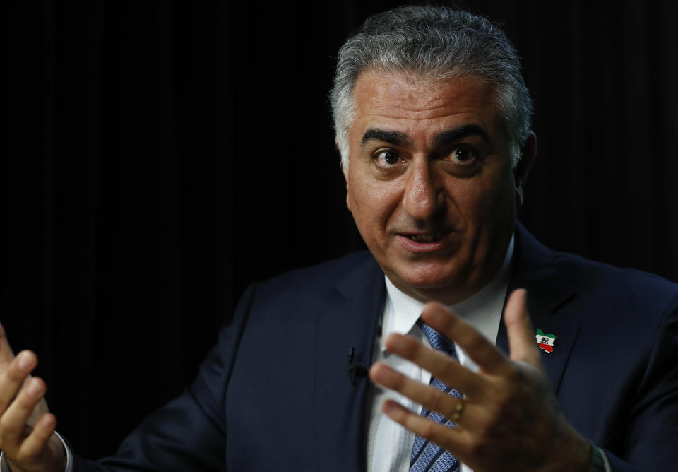 Iran's long exiled Crown Prince Reza Pahlavi speaks during an interview at the Associated Press bureau in Washington, Thursday, April 6, 2017. Pahlavi is hoping for a peaceful revolution in his homeland in the age of Donald Trump. But whether Pahlavi could translate nostalgia for the Iran’s monarchy and its pre-Islamic Republic past remains unseen. (AP Photo/Carolyn Kaster)