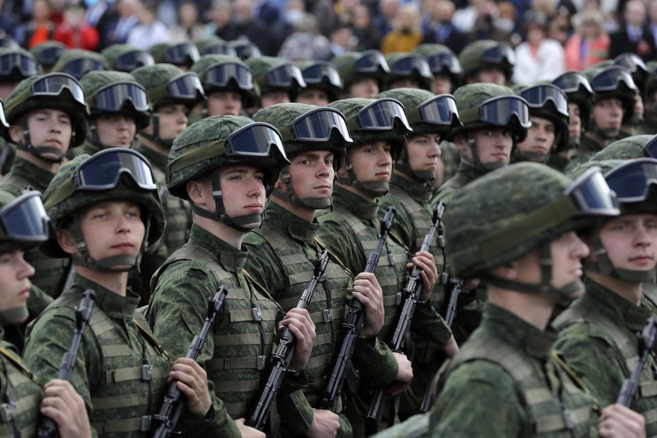 FILE - Belarusian soldiers take part in the Victory Day military parade in Minsk, Belarus, on Saturday, May 9, 2020, that marked the 75th anniversary of the defeat of Nazi Germany in World War II. Belarus President Alexander Lukashenko has welcomed thousands of Russian troops to his country, allowed the Kremlin to use it to launch the invasion of Ukraine on Feb. 24, 2022, and offered to station some of Moscow’s tactical nuclear weapons there. But he has avoided having Belarus take part directly in the fighting – for now. (AP Photo, File)