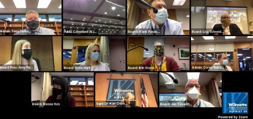 The Wilmette District 39 school board discussed future "off-ramps" to measures aimed at mitigating the spread of the COVID-19 virus during a special meeting Monday. (District 39/via video)