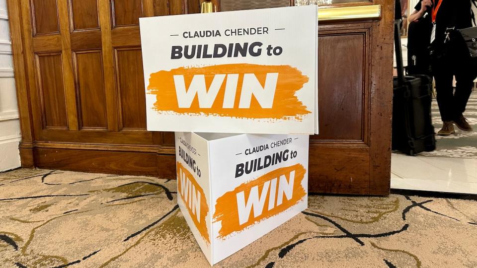 Signs at a convention for the Nova Scotia NDP emblazoned with the slogan, "Building to Win."