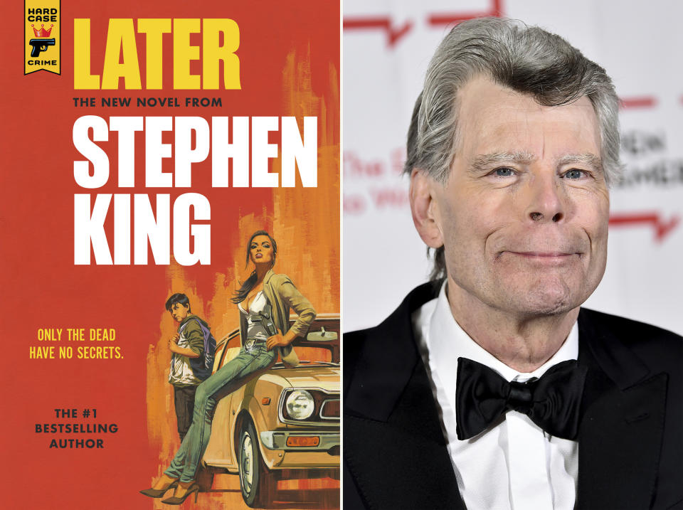 This combination photo shows the cover of "Later," left, and author Stephen King. Readers may know him best for “Carrie,” “The Shining” and other bestsellers commonly identified as “horror,” but King has long had an affinity for other kinds of narratives, from science fiction and prison drama to the Boston Red Sox. (Hard Case Crime via AP, left, and AP)