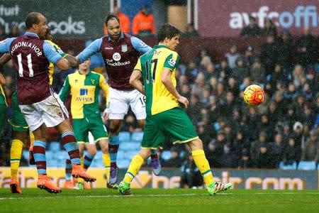 Football Soccer - Aston Villa v Norwich City - Barclays Premier League - Villa Park - 6/2/16 Aston Villa's Joleon Lescott scores their first goal Action Images via Reuters / John Sibley Livepic