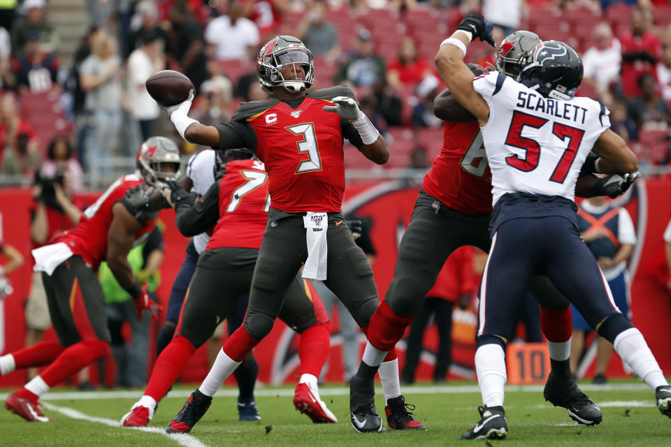 Tampa Bay Buccaneers quarterback Jameis Winston (3) throws a pass against the Houston Texans during the first half of an NFL football game Saturday, Dec. 21, 2019, in Tampa, Fla. (AP Photo/Mark LoMoglio)