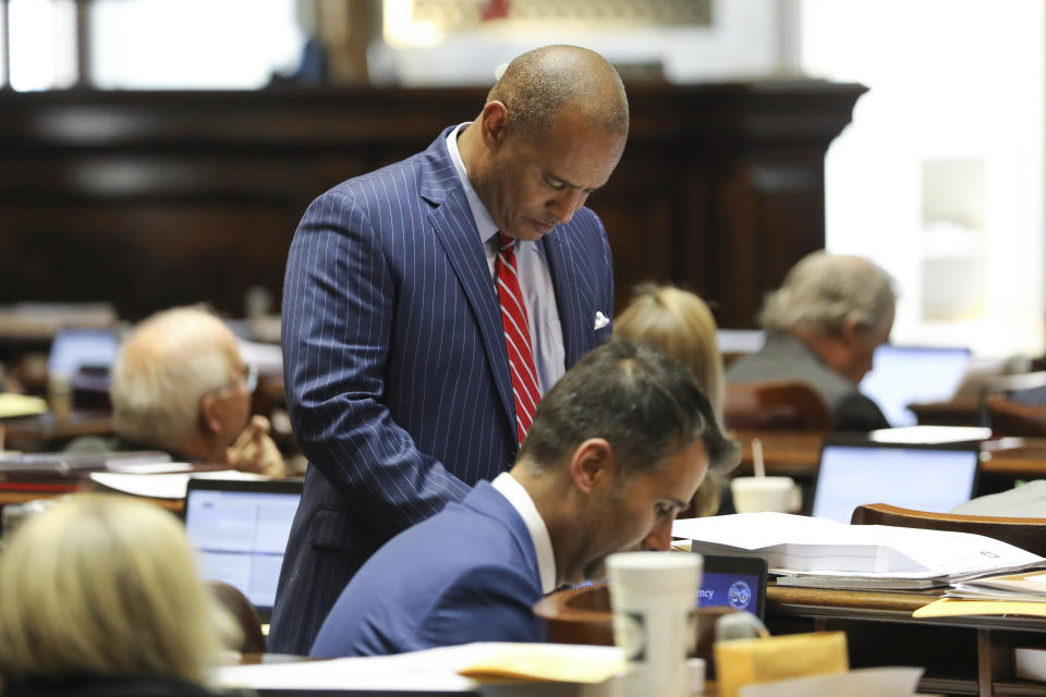 South Carolina House Minority Leader Todd Rutherford listens during a debate over a hate crimes bill on Wednesday, March 8, 2023, in Columbia, S.C. (AP Photo/Jeffrey Collins)