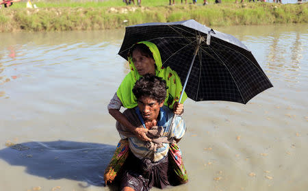 Rohingya refugees who fled from Myanmar make their way after crossing the border in Palang Khali, near Cox's Bazar, Bangladesh October 16, 2017. REUTERS/Zohra Bensemra