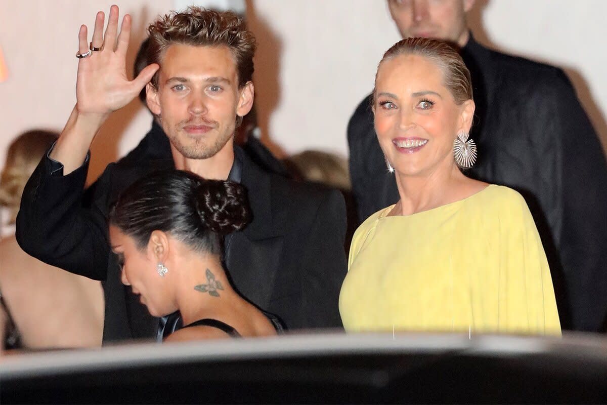 Austin Butler and Sharon Stone are all smiles as they exit the 2023 Vanity Fair Oscar party!