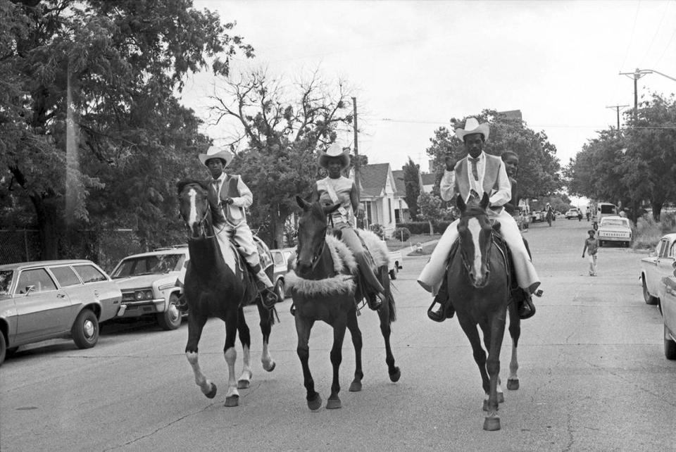 Riders on horseback at Juneteenth festivities in 1975: M. J. Wilson and Pumpkin Wilson at right.