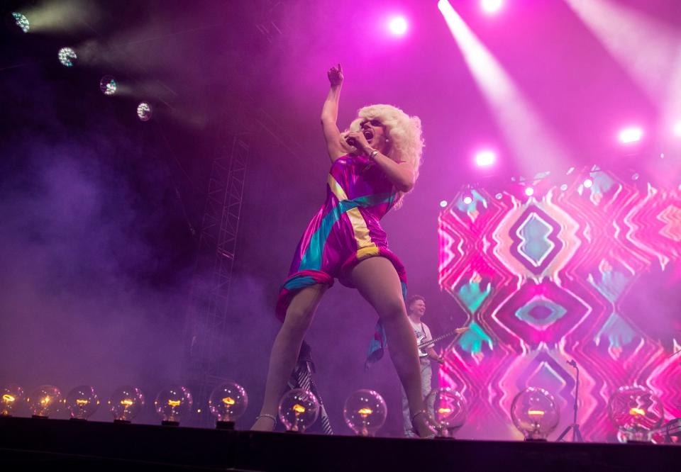 Trixie Mattel performs on the Palomino Stage at Stagecoach at the Empire Polo Club in Indio, Calif., Friday, April 28, 2023.