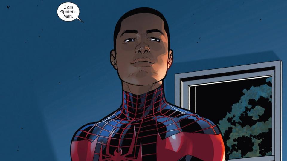 A still from Ultimate Spider-Man shows an illustration of Miles Morales as Spider-Man saying "I am Spider-Man"