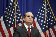 Labor Secretary Alex Acosta pauses as he speaks at the Department of Labor, Wednesday, July 10, 2019, in Washington. (AP Photo/Alex Brandon)