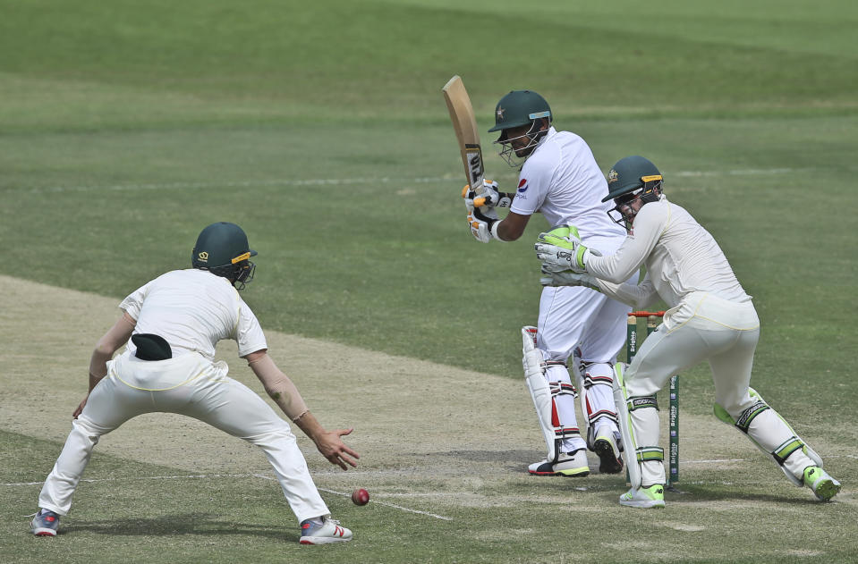 Pakistan's Babar Azam plays a shot during their test match against Australia in Abu Dhabi, United Arab Emirates, Thursday, Oct. 18, 2018. (AP Photo/Kamran Jebreili)