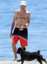 <p>Ashton Kutcher kicks back on the beach with wife Mila Kunis (not pictured) in Santa Barbara, California, on Aug. 6. </p>