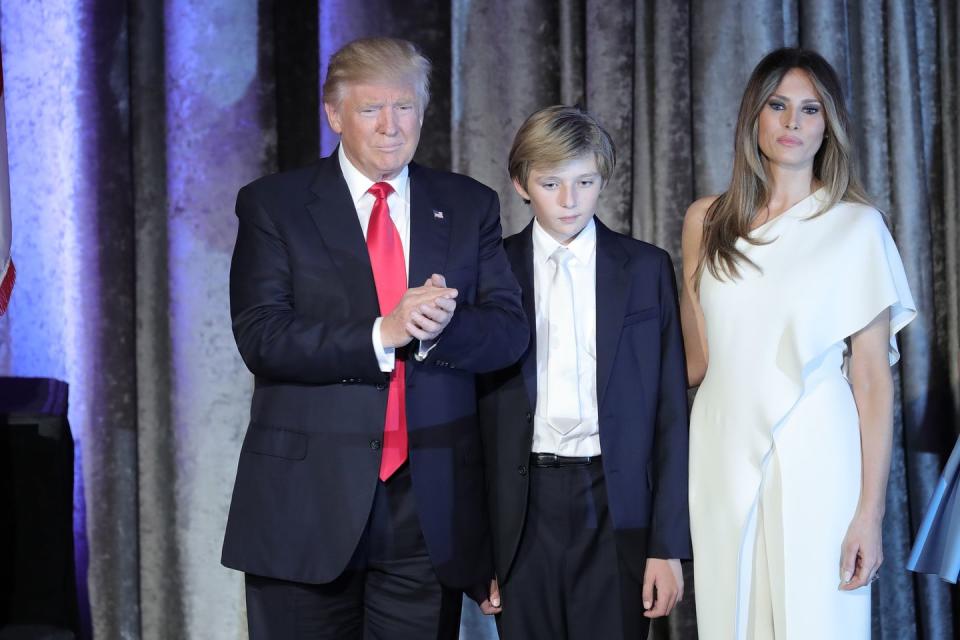 <p>In attendance at the Trump election night event in NYC in November 2016, Melania wore this draped, off-the-shoulder silk jumpsuit by Ralph Lauren.</p>