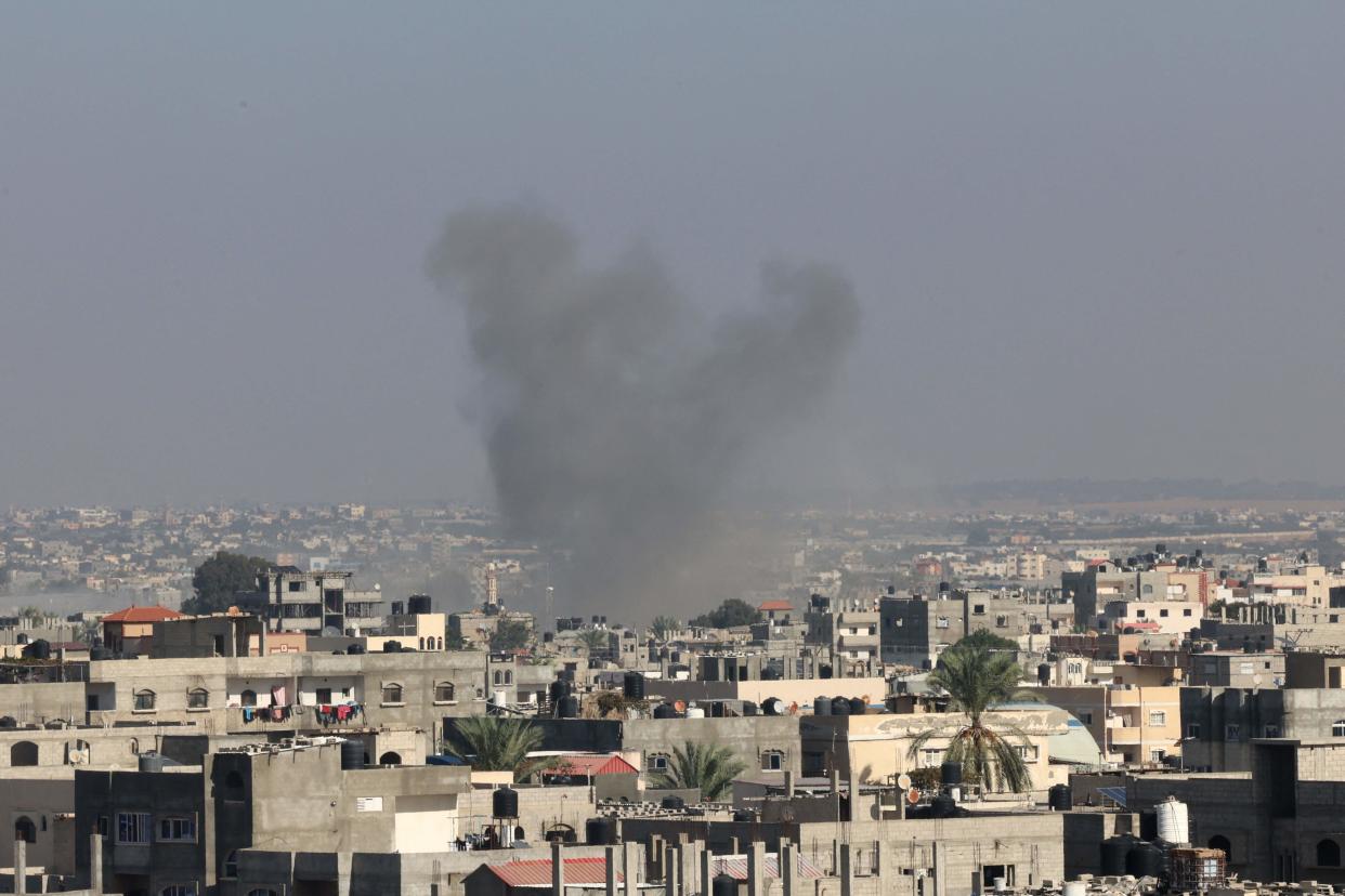 Smoke billows after a strike on Rafah in the southern Gaza Strip on Nov. 6, 2023, amid the ongoing battles between Israel and the Palestinian group Hamas.