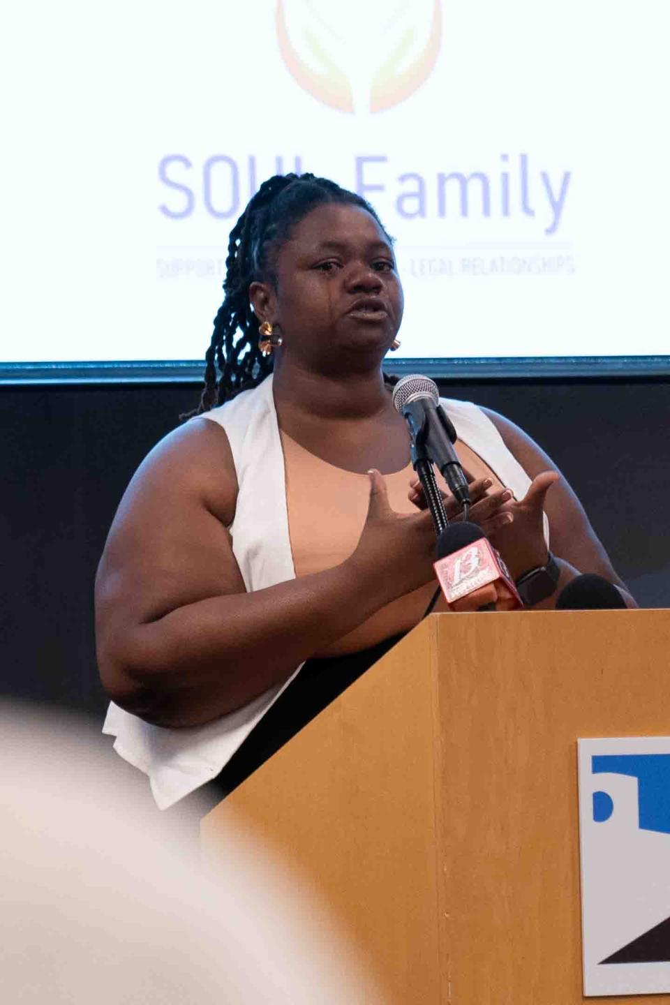 Alexandria Ware tears up while talking about her lived experience in the child welfare system and what having a SOUL family can do for foster children.