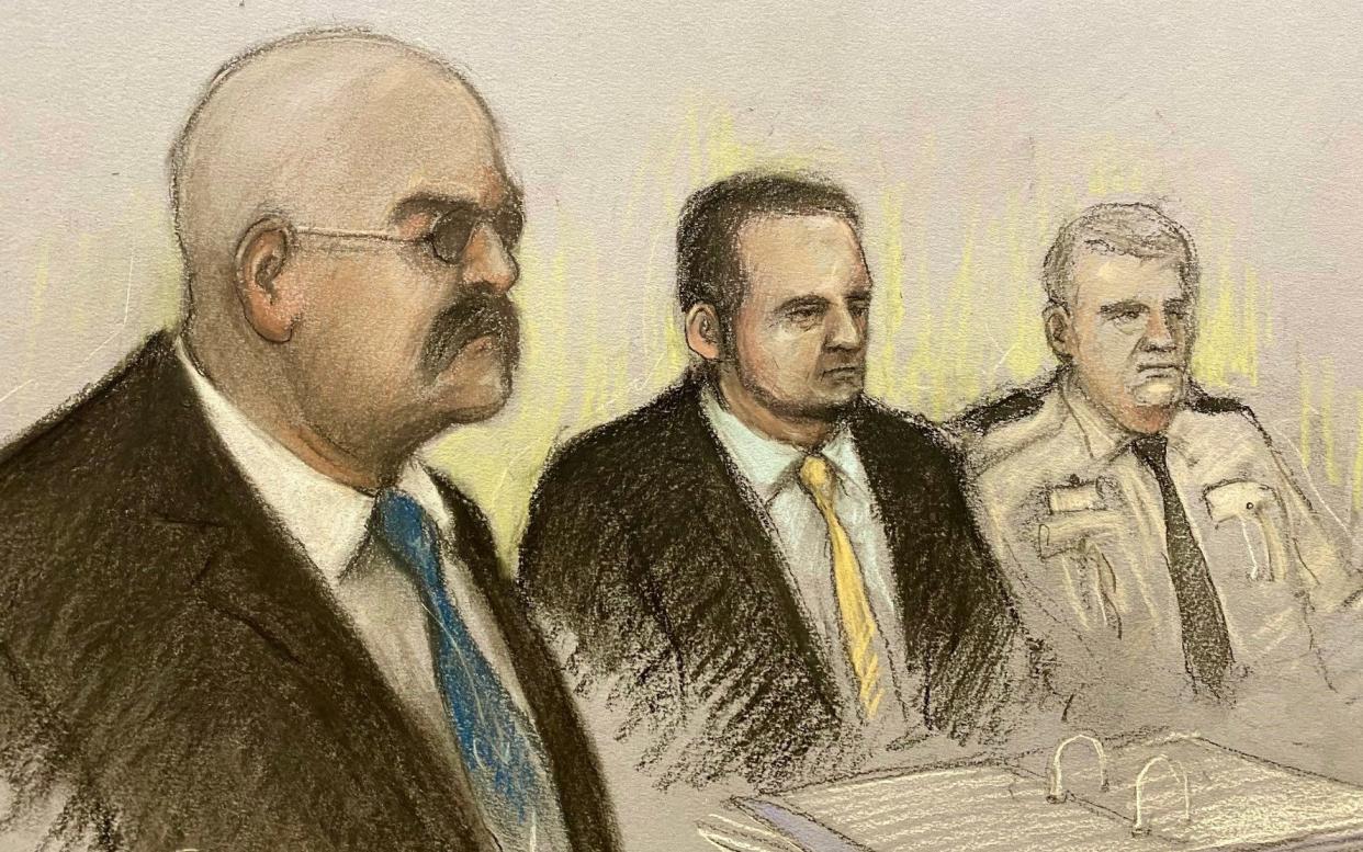 Court artist sketch by Elizabeth Cook of Charles Bronson, appearing via video link from HMP Woodhill, during his public parole hearing