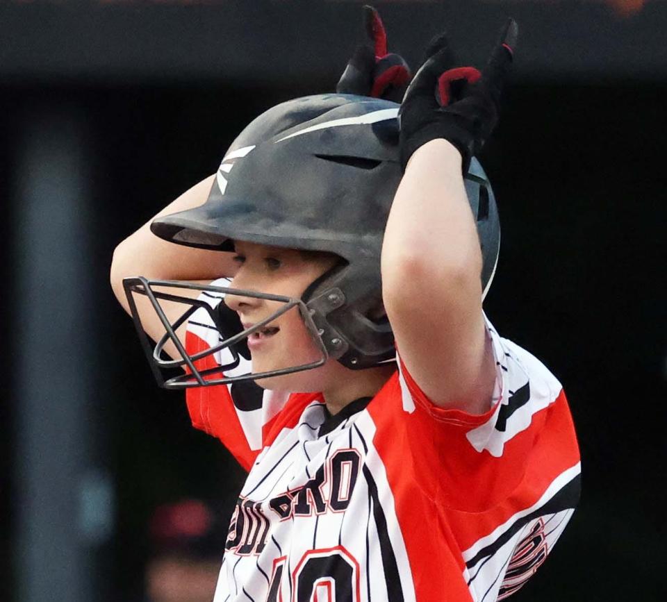 Middleboro's Joe Monteforte celebrates his double  versus Barnstable at Field of Dreams in Middleboro on Monday, July 11 2022.