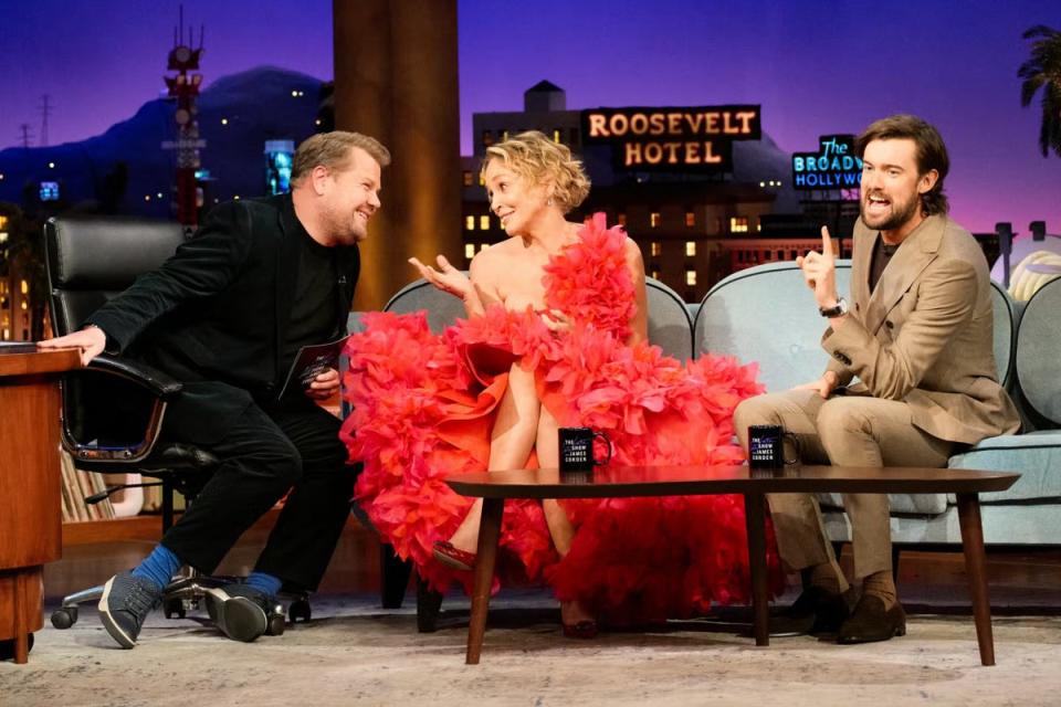 Corden pictured with Sharon Stone and Jack Whitehall on his CBS show (CBS)