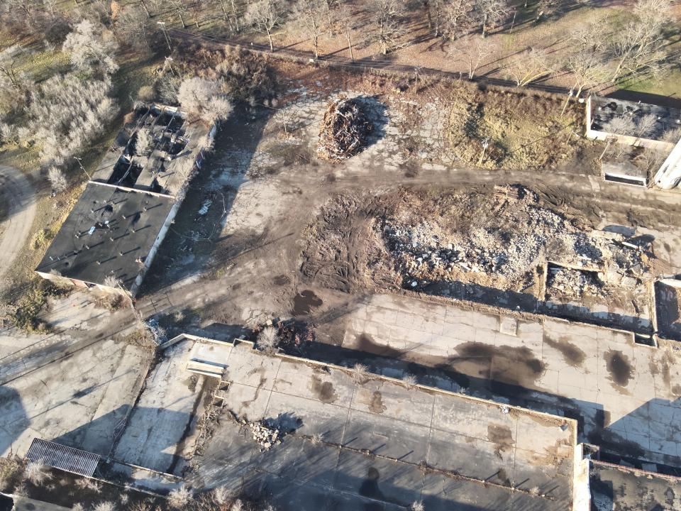 An aerial view facing southwest of the old Drewrys Brewery site, at 1408 Elwood Ave., captured by the South Bend Fire Department in December 2023. Six buildings remain at the site after crews removed more than 13,000 tons of demolition debris.