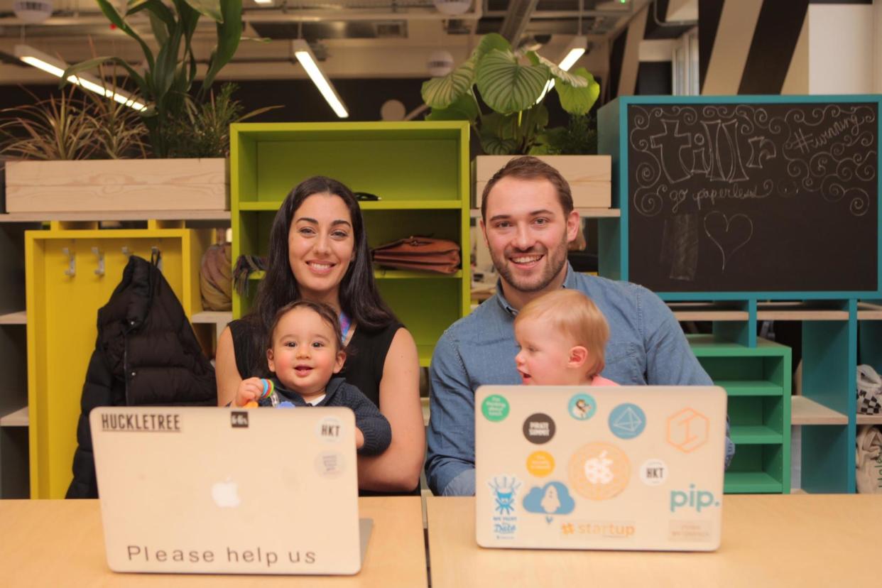 Creche: Huckletree founders Gabriela Hersham — with son Jack, one — and Andrew Lynch with Edie, also one: Alex Zaj