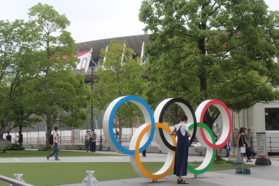 The five rings outside of Japan National Stadium.