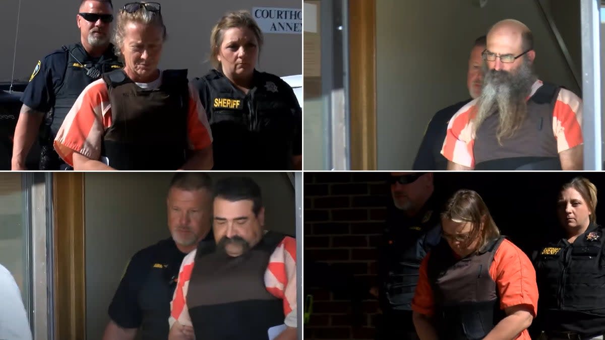 Top: Tifany Machel Adams, 54, and Tad Bert Cullum, 43. Bottom: Cole Earl Twombly, 50, and Cora Twombly, 40, at the Texas County Courthouse, Oklahoma, 17 April 2024 (KFDA News Channel 10)