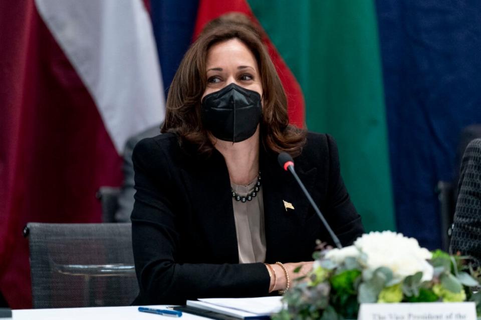 US Vice President Kamala Harris speaks during a meeting with Baltic leaders at the Munich Security Conference (MSC) in Munich, southern Germany, on February 18, 2022. (Photo by Andrew Harnik / POOL / AFP) (Photo by ANDREW HARNIK/POOL/AFP via Getty Images)