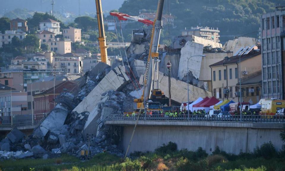 The collapsed Morandi bridge on 15 August 2015, the day after the disaster