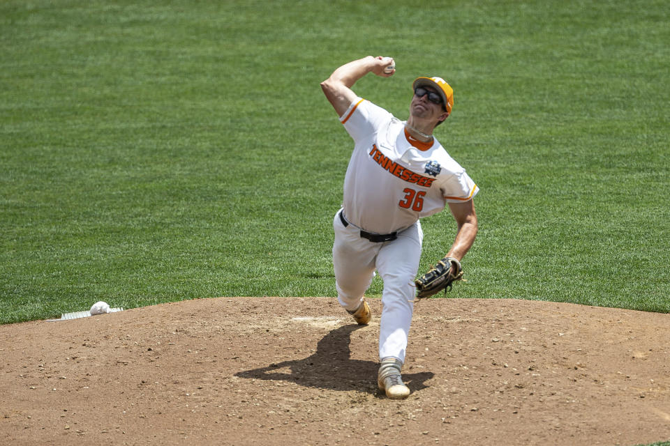 Tennessee pitcher Chad Dallas (36) throws against Virginia during a baseball game in the College World Series, Sunday, June 20, 2021, at TD Ameritrade Park in Omaha, Neb. (AP Photo/John Peterson)