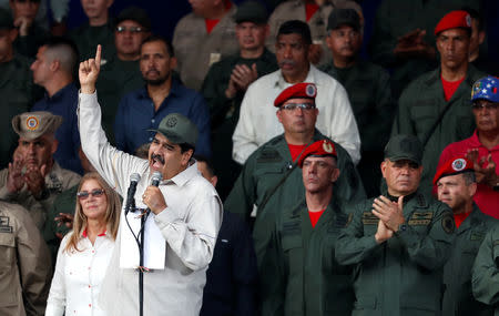 Venezuela's President Nicolas Maduro speaks during a ceremony to mark the 17th anniversary of the return to power of Venezuela's late President Hugo Chavez after a coup attempt and the National Militia Day in Caracas, Venezuela April 13, 2019. REUTERS/Carlos Garcia Rawlins